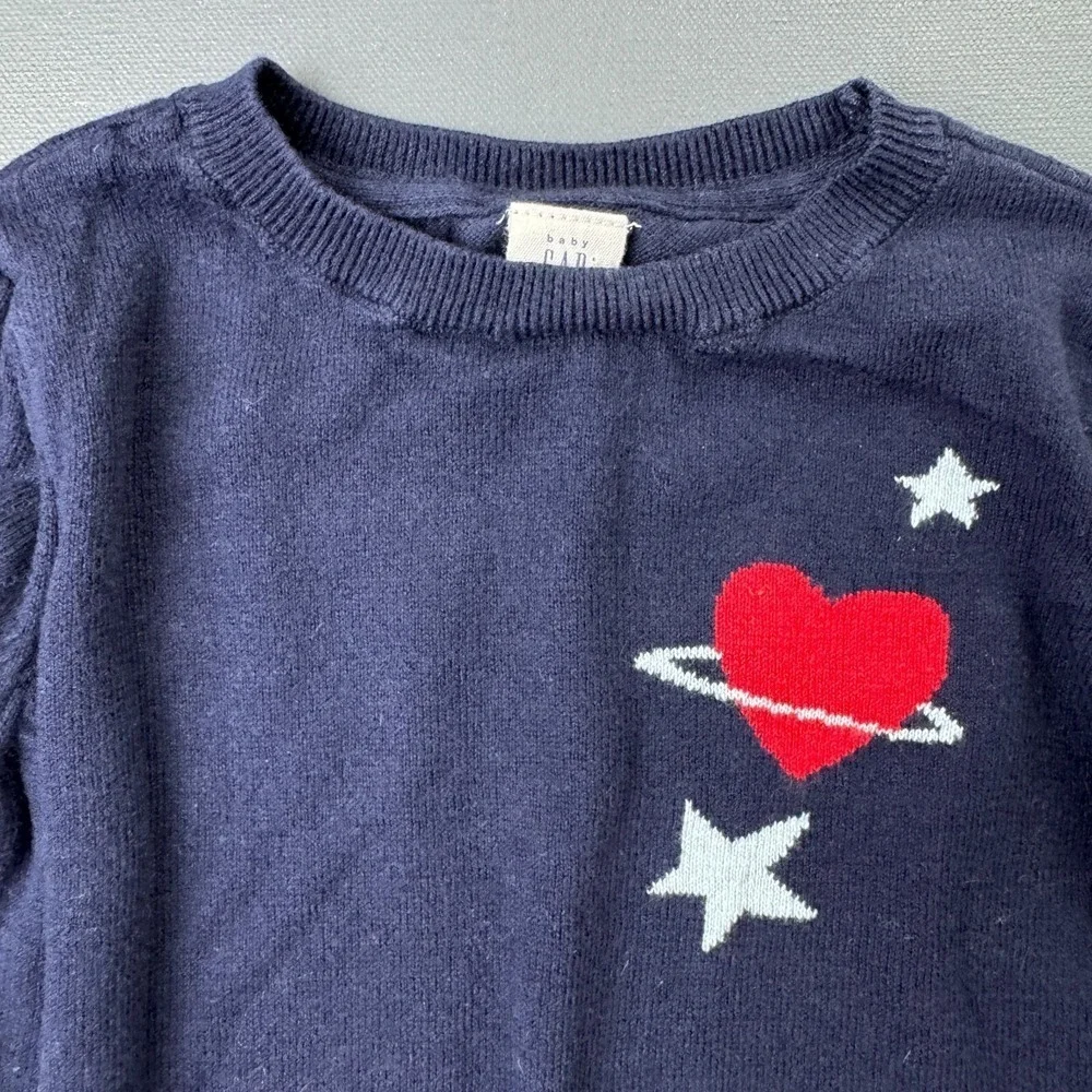 Baby GAP Toddler Girls 5Y Navy Blue Knit Sweater Heart Stars Crewneck Pullover